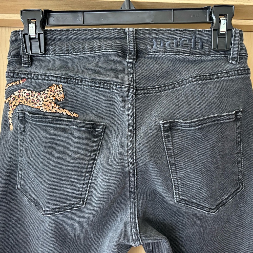 Women’s Nach Bijioux black denim, cheetah patch detail at back, size 38(4 US)